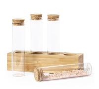 noTrash2003 Juego de 4 tarros de especias estilo tubo de ensayo para tu cocina, cocina, refinador de especias o botánicos para tu ginebra con tapa de corcho en soporte de madera