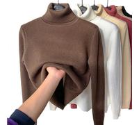 NOTRYA Winter Fleece Thick Knitted Bottoming Shirt, Knit Ribbed Plain Sweater Knitwear Tops, Casual Thick Turtleneck Sweater Soft Thermal for Women (Small,Brown)
