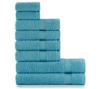nottoc Juego de toallas turquesa 8 piezas, 2 toallas de baño de 70 x 140 cm + 4 toallas de mano de 50 x 90 + 2 toallas de invitados de 30 x 50 cm, toalla con colgador, 100% algodón, absorbentes