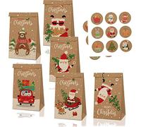 Notwoe® 12-24pcs Bolsas papel, bolsas de regalo personalizadas con pingüino de Navidad, bolsas de papel de Navidad para dulces de cumpleaños, fiestas, bodas, mercados. (Marrón-B12)