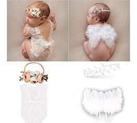 Nouveau Né Photo Prop - Ángel pluma alas, diadema de flores y chaleco de encaje para niña, color blanco