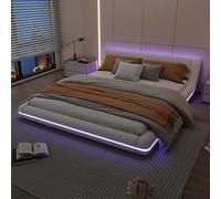 NovaFurnish 140 x 200 cm, cama plana, cama de suelo, PU, luz ambiental LED, mando a distancia de 24 teclas (blanco, 160 x 200 cm)