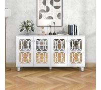 NovaFurnish Aparador blanco de espejo con asas de cristal fresco, cuatro puertas, laminado móvil, para salón y comedor, 160 x 40 x 84 cm