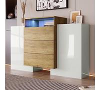 NovaFurnish Aparador moderno, armario de 140 cm, color blanco brillante y madera, efectos de iluminación LED multicolor, solución de almacenamiento elegante (parcialmente brillante)