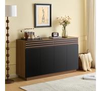 NovaFurnish Aparador moderno de 150 x 40 x 85 cm en imitación de madera marrón con puertas negras, 2 cajones y 4 puertas, mucho espacio de almacenamiento, diseño elegante para salón, comedor y cocina