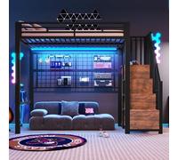NovaFurnish Cama alta 90 x 200 cm, marco de hierro, armario, escalera de almacenamiento, rejilla para colgar objetos, espacio libre debajo de la cama, luces LED de 7 colores, sin colchón, color negro