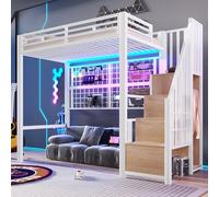 NovaFurnish Cama alta 90 x 200 cm, marco de hierro, armario, escalera de almacenamiento, rejilla para colgar objetos, espacio libre debajo de la cama, luces LED de 7 colores, sin colchón, color blanco