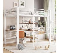 NovaFurnish Cama alta, 90 x 200 cm, sin colchón, cama con escritorio, varios estantes, barandilla, escalera, marco de hierro (blanco)
