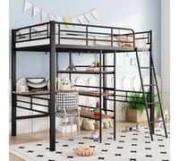 NovaFurnish Cama alta, 90 x 200 cm, sin colchón, cama con escritorio, varios estantes, barandilla, escalera, marco de hierro (negro)