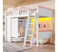 NovaFurnish Cama alta, cama individual (sin colchón), cuna, con luces LED, con armario, con cajón de almacenamiento, certificado EN747, madera de pino, 90 x 200 cm, blanco (205 x 127 x 160,8)