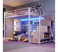 NovaFurnish Cama alta de 140 x 200 cm, estructura de hierro, armario, escalera con espacio de almacenamiento, rejilla para colgar, espacio libre debajo de la cama, luces LED de 7 colores, sin colchón
