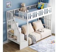NovaFurnish Cama alta para niños de 90 x 200 cm, con espacio de almacenamiento, cama individual de madera maciza con barandillas de seguridad, decoración de estrellas y luna (blanco, 90 x 200 cm)