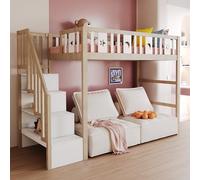 NovaFurnish Cama alta para niños de 90 x 200 cm, con espacio de almacenamiento, cama individual de madera maciza con barandillas de seguridad, decoración de estrellas y luna (color madera, 90 x 200 cm