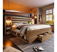 NovaFurnish Cama doble de madera maciza 160 × 200, espacio de almacenamiento, cama con iluminación LED y cabecero de almacenamiento USB C y cajones, marco de cama de madera, somier de madera de roble