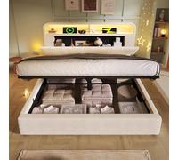 NovaFurnish Cama doble tapizada de 140 x 190 cm con cabecero de almacenamiento regulable en altura, cama hidráulica con iluminación LED y estación de carga USB/tipo C, terciopelo, beiger, incluye
