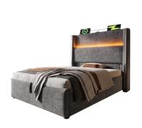 NovaFurnish Cama hidráulica moderna con cabecero alto, cama individual de 90 x 200 cm, con iluminación LED, espacio de almacenamiento y conexiones USB/tipo C, en lino (gris, 90 x 200 cm (con colchón)