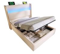 NovaFurnish Cama hidráulica moderna con cabecero alto, cama individual de 90 x 200 cm, con iluminación LED, espacio de almacenamiento y conexiones USB/tipo C, en lino (beis, 90 x 200 cm (sin colchón)