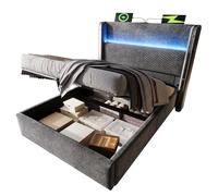 NovaFurnish Cama hidráulica moderna con cabecero alto, cama individual de 90 x 200 cm, con iluminación LED, espacio de almacenamiento y conexiones USB/tipo C, en lino (gris, 90 x 200 cm (sin colchón)