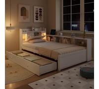 NovaFurnish Cama individual, cama con panel, cabecero con compartimento de almacenamiento + 2 luces, con toma de carga, armarios de almacenamiento laterales y cajones, madera de pino+aglomerado+MDF