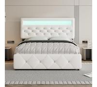 NovaFurnish Cama tapizada, 140 x 200 cm (90 x 190 cm), para cama doble, podio, cama tapizada con cama y 2 cajones, mesita de noche con barra de luz, color blanco