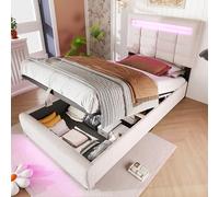 NovaFurnish Cama tapizada, 90 x 200 cm, mando a distancia, con luces LED, almacenamiento hidráulico, sin colchón, con conector USB, lino (beige)