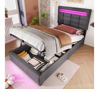 NovaFurnish Cama tapizada, 90 x 200 cm, mando a distancia, con luces LED, almacenamiento hidráulico, sin colchón, con conector USB, lino (gris)