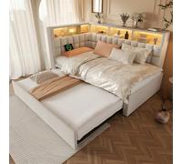 NovaFurnish Cama tapizada de lino 90 x 200 cm con cama nido de 90 x 190 cm, LED, altavoz Bluetooth, puerto de carga USB y tipo C, cabecero en L con estante de almacenamiento, sofá cama/cama de
