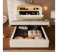 NovaFurnish Cama tapizada individual 90 x 200 cm con cabecero de almacenamiento regulable en altura, cama hidráulica con iluminación LED y estación de carga USB/tipo C, terciopelo, beiger, incluye