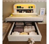 NovaFurnish Cama tapizada individual de 90 x 200 cm con cabecero de almacenamiento regulable en altura, cama hidráulica con iluminación LED y estación de carga USB/tipo C, terciopelo, beige (con