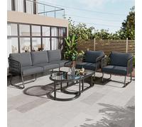 NovaFurnish Juego de salón de jardín con marco de hierro galvanizado, juego de muebles de jardín de cuerda, patas ajustables, mesa de cristal liso, juego de 5 unidades, incluye todos los cojines de