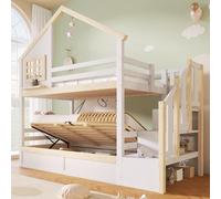 NovaFurnish Litera, 90 x 200 cm, hidráulica, con barandilla, espacio de almacenamiento debajo de la cama, ventana y decoración del hogar, color blanco + natural