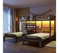 NovaFurnish Litera 90x200cm 3 Camas con Barra de Luz LED Escalera Integrada con Almacenamiento con 2 Puertos USB + 1 Toma de corriente con Escritorio con Estante, Sin Colchón Negro