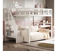 NovaFurnish Litera para niños, 140 x 200 cm, con escaleras, cama alta de madera maciza con barandillas de seguridad, decoración de estrellas y luna (blanco, 140 x 200 cm)