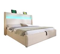 NovaFurnish Moderna cama hidráulica con cabecero alto, cama doble de 140 x 200 cm, con iluminación LED, espacio de almacenamiento y conexiones USB/tipo C, en lino (beis, 140 x 200 cm (con colchón)