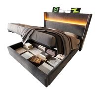 NovaFurnish Moderna cama hidráulica con cabecero alto, cama doble de 160 x 200 cm, con iluminación LED, espacio de almacenamiento y conexiones USB/tipo C, en lino (gris, 160 x 200 cm (sin colchón)