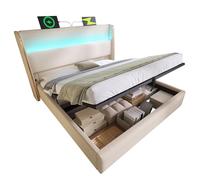 NovaFurnish Moderna cama hidráulica con cabecero alto, cama doble de 180 x 200 cm, con iluminación LED, espacio de almacenamiento y conexiones USB/tipo C, en lino (beis, 180 x 200 cm (sin colchón)