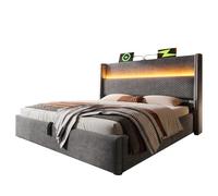 NovaFurnish Moderna cama hidráulica con cabecero alto, cama doble de 180 x 200 cm, con iluminación LED, espacio de almacenamiento y conexiones USB/tipo C, en lino (gris, 180 x 200 cm (con colchón)