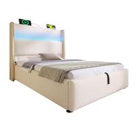 NovaFurnish Moderna cama hidráulica con cabecero alto, cama individual de 90 x 200 cm, con iluminación LED, espacio de almacenamiento y conexiones USB/tipo C, en lino (beis, 90 x 200 cm (con colchón)