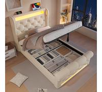 NovaFurnish Moderna cama tapizada individual 90 x 200 cm, cama tapizada con luces LED, cabecero de almacenamiento con conexiones USB y tipo C, cama de almacenamiento hidráulico, beige, terciopelo (sin