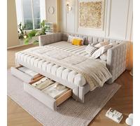 NovaFurnish Tumbona de día, 90 x 200 cm, sofá cama con respaldo cuadrado, cama extraíble (extensible hasta 180 queen size, 2 cajones, sin colchón (beige)