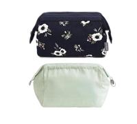 NOVAGO - Juego de 2 pequeñas bolsas de aseo compactas y plegables para maquillaje cosmético de diseño chic - Almacenamiento de viaje (verde y flor negra)