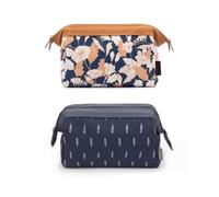 NOVAGO - Juego de 2 pequeñas bolsas de aseo compactas y plegables para maquillaje de estilo coreano - Almacenamiento de viaje (hojas azules y hojas doradas)