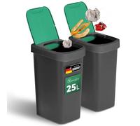 Novaliv Juego de 2 cubos de basura de 25 l con tapa basculante, color verde, para reciclaje orgánico, vidrio y reciclaje, sistema de separación de residuos, cocina, hogar, oficina, cubo de basura