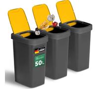 Novaliv Juego de 3 cubos de basura de 50 l con tapa basculante, color amarillo, para bolsas y embalajes amarillos, sistema de separación de residuos para cocina, hogar, oficina, cubo de basura