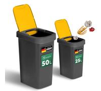 Novaliv Juego de cubos de basura de 25 L + 50 L con tapa basculante, color amarillo, separación de residuos para bolsas amarillas y embalaje de cocina, juego de 2 unidades, sistema de separación de