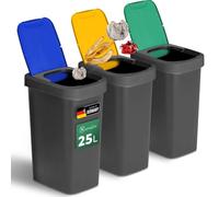 Novaliv Sistema de separación de residuos de 25 l, juego de 3 cubos de basura con tapa basculante, separación de residuos de cocina, color azul, amarillo y verde, reciclable, sistema de separación de