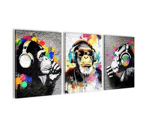 Novart Imágenes de pared Mono, estilo Banksy, diseño de graffiti, completamente listo para colgar, decoración de salón, 3 cuadros modernos, color gris y multicolor - N034535a