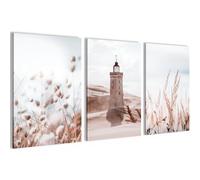 Novart Set de Decoración de Pared con Cuadros con Torre Iluminada Boho en la Orilla del Mar Cuadro - LISTO PARA COLGAR - No Necesita Marco - Dormitorio Salón Cocina - N034936a