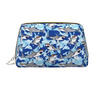 Novastar Bolsa de maquillaje grande de viaje con gafas, piel de PVC con tiburón blanco, bolsa de cosméticos para mujer con cremallera, bolsa de maquillaje portátil para mujer