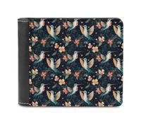 Novastar Cartera delgada de cuero para hombre, con estampado de hojas de colibrí verde, pequeña y delgada con bolsillo frontal plegable